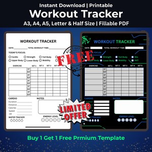 Op de afbeelding: Afdrukbare workout tracker in zwart-wit en zwart-groen. De tracker bevat secties voor datum, trainingstijd, focus, oefeningen, cardio, notities en energieniveau. De tekst op de afbeelding zegt "Buy 1 Get 1 Free Premium Template."