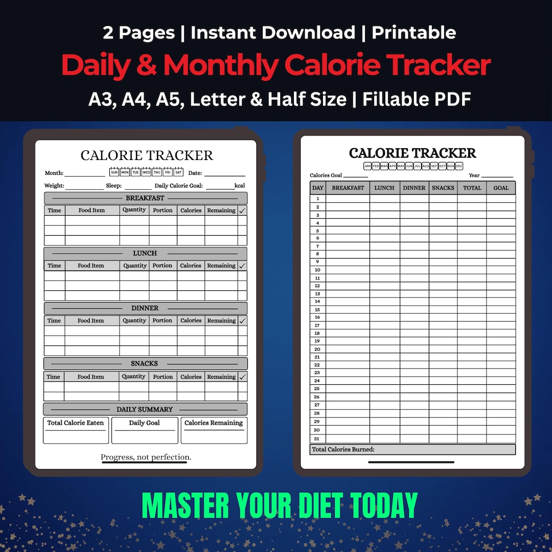 Calorie Tracker Printable: Daily & Monthly Food Log for Weight Loss - Etsy