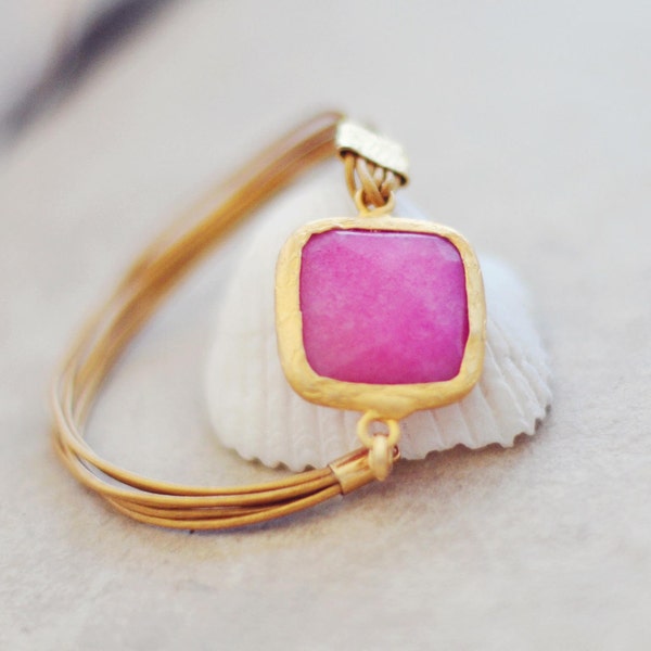 JULY fashion sweet bright candy pink jade  large stone in gold frame gemstone handmade  bracelet gold leather cord israel jewelry