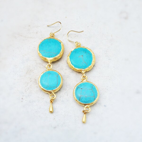 statement gemstone LONG dual earrings summer fashion sky  sea blue  turquoise stone matte textured gold frame gemstone earrings israel