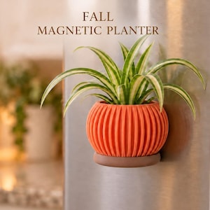 May include: A round, ribbed orange magnetic planter with a brown base attached to a metallic surface. The planter holds a green and white variegated spider plant. The text FALL MAGNETIC PLANTER is printed in brown above the planter.