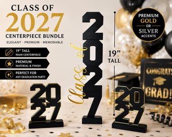 Graduation Centerpiece Bundle Class of 2027 | Large + Mini Set Custom School Colors | Senior Grad Party Table Decor | 19" Centerpiece