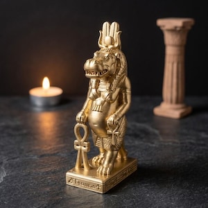 Può includere: Una statua color oro della divinità egizia Taweret, raffigurata con testa di ippopotamo, busto umanoide e arti felini. La figura poggia su una base rettangolare con incisioni geroglifiche, tenendo un simbolo ankh in ciascuna delle mani.