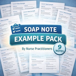 Peut inclure: Ensemble de documents imprimés « SOAP Note Example Pack ». Les documents sont blancs avec du texte noir, et le titre est affiché sur une bannière bleue et turquoise. Le pack comprend 9 notes, comme l'indique un badge circulaire.