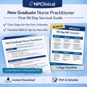 Op de afbeelding: Een blauw-witte gids getiteld "New Graduate Nurse Practitioner First 90 Day Survival Guide". De gids bevat een 90-dagen checklist, duidelijke stappen, essentiële vaardigheden en tips voor nieuwe verpleegkundigen. Het is een uitgebreid onboarding plan.