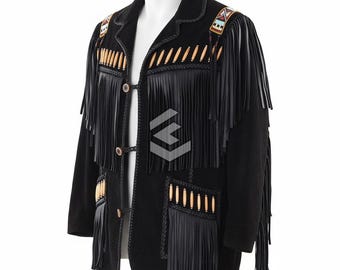 Chaqueta de gamuza negra con flecos hecha a mano: abrigo vaquero con cuentas estilo western
