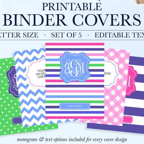 Printable Binder Inserts Set of 5 Personalized Monogram Etsy