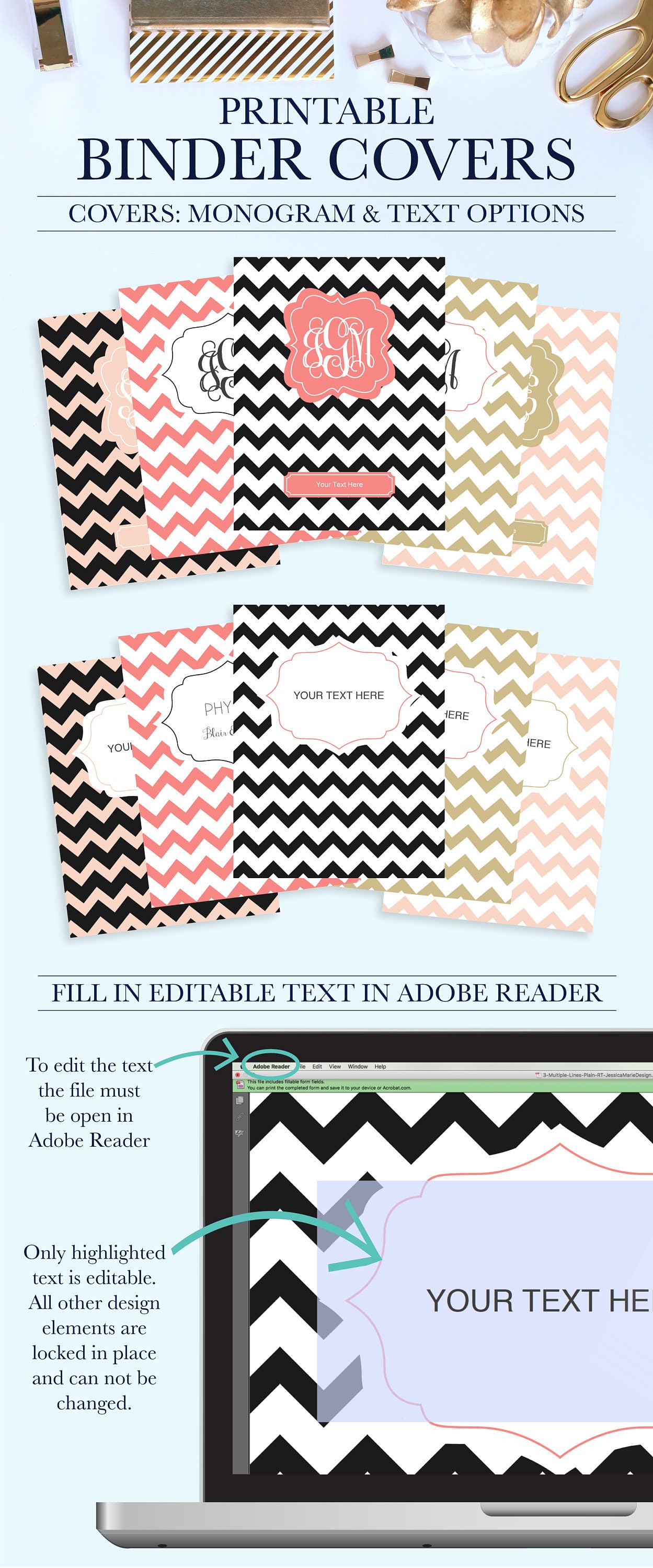 Printable Binder Inserts Set of 5 Personalized Monogram Etsy