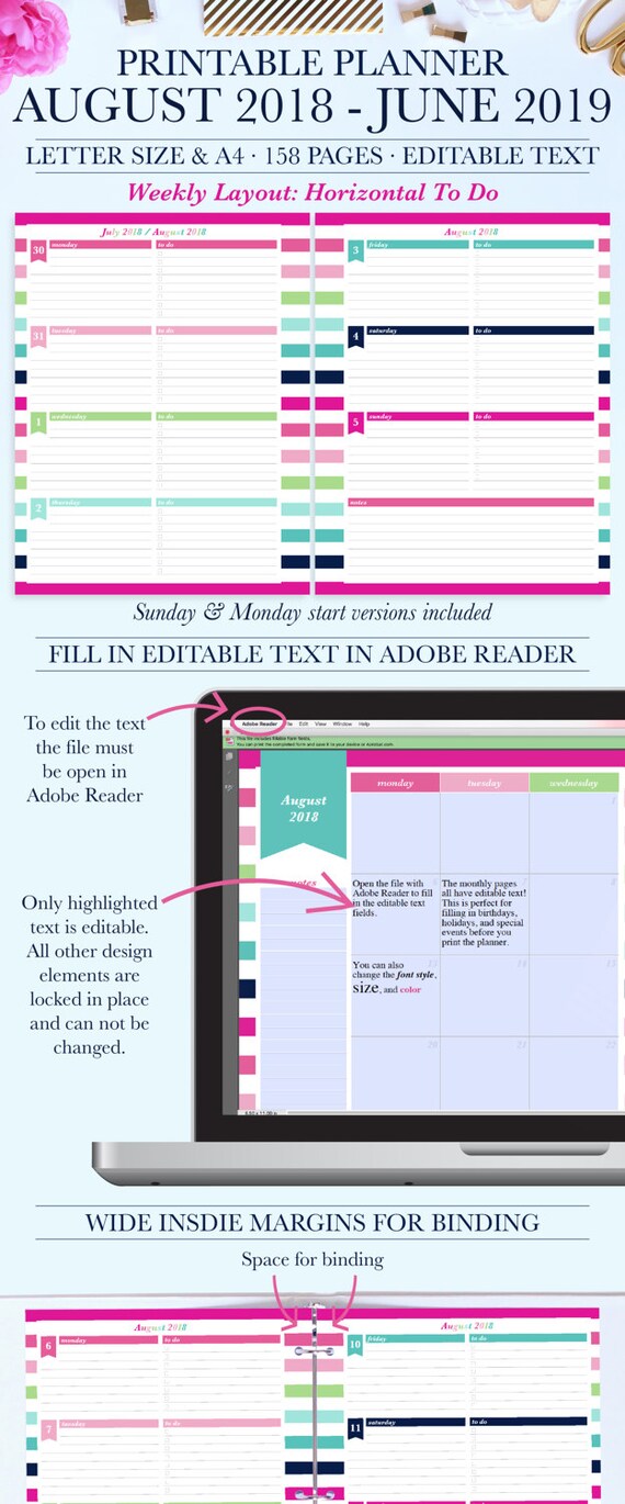 2018 2019 planner printable monthly planner weekly agenda etsy