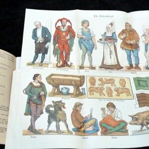 May include: A vintage print and an open book. The print shows illustrations of historical figures in colourful costumes. The print includes various characters, animals, and objects, likely from a historical or theatrical context. The book's pages display text in a foreign language.