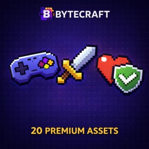 Könnte beinhalten: Pixelgrafiken eines blauen Gamecontrollers, eines goldenen Schwerts, eines roten Herzens und eines grünen Schildes mit einem Häkchen. Der Text "20 PREMIUM ASSETS" steht unten, mit dem "BYTECRAFT"-Logo oben. Der Hintergrund ist ein dunkelblauer Farbverlauf.