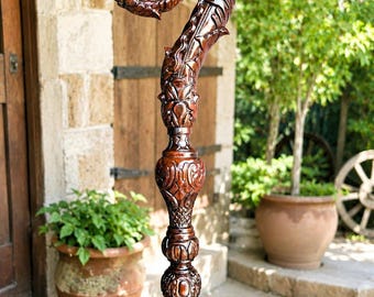 Hand Carved Teak Wood Crozier Staff, 72 Inch Bishop Pastoral Cane, Ceremonial Church Stick