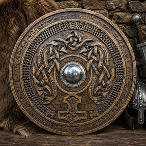 May include: A circular wooden shield featuring intricate carved knotwork patterns, a central metallic dome, and a relief of a hammer symbol at the bottom. The outer rim is decorated with engraved runic characters, finished in a weathered brown tone.