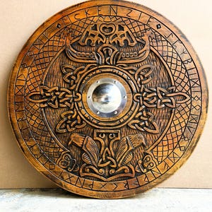 Reven Viking Hand Engraved Shield: Hardwood Wall Decor Multiple Size Gift, Cosplay  Norse Artistry