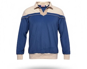 Vintage 80s Velour Rugby Style Polo Shirt Blue Colorblock Made in Korea Men's L