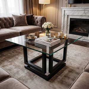 Puede incluir: Una moderna mesa de centro cuadrada con una tapa de cristal transparente y una base geométrica negra. La mesa está en un salón, con un sofá marrón, una chimenea y un ramo de rosas blancas. Una taza de café y revistas están sobre la mesa.