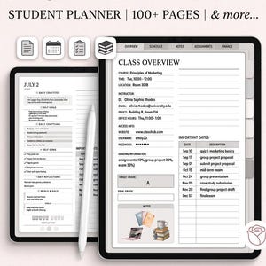 Puede incluir: Un planificador estudiantil digital mostrado en dos pantallas de tableta con un lápiz óptico blanco. La interfaz muestra una descripción general de la clase con detalles del curso, información del instructor, criterios de calificación y fechas importantes.