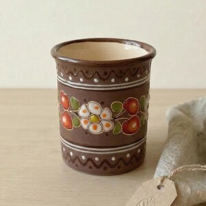 Handmålad ukrainsk keramikmugg, blommig folkmugg, 300 ml handtagslös lermugg