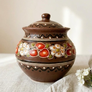 Hand-Painted Ceramic Sugar Bowl, 450ml Floral Pottery Honey Pot, Folk Art Coffee Decor