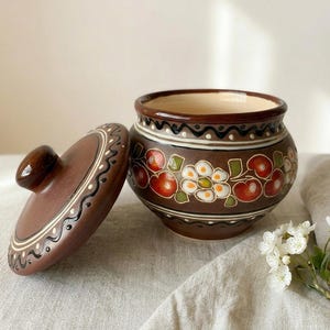 Handgemachter Keramik Deckeltopf, Ukrainische Volkskunst Honigglas, Rustikale Küchen Dekoration