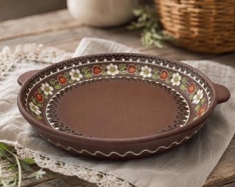 Plat à tarte en céramique, Auflaufform Keramik, plat de cuisson floral peint à la main, ustensiles de cuisson ronds allant du four à la table, cadeau poterie ukrainienne