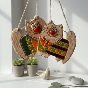 Op de afbeelding: Twee keramische kattenornamenten met lachende gezichten, grote groene ogen en rode neuzen. De katten dragen kleurrijke outfits met oranje, groene en bruine accenten. Ze hangen aan touwtjes, perfect voor woondecoratie.