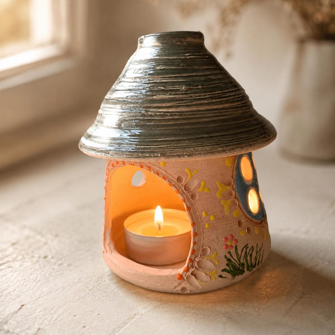 Handmade Ceramic Tea Light House, Floral Folk Art Candle Holder - Etsy