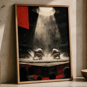Könnte beinhalten: Ein gerahmter vertikaler Kunstdruck, der zwei Sumoringer in geduckter Haltung auf einem kreisförmigen Ring zeigt. Ein heller Scheinwerfer leuchtet von oben herab und beleuchtet Staub- und Wasserpartikel. Das Bild enthält rote Akzente und dunkle Töne.