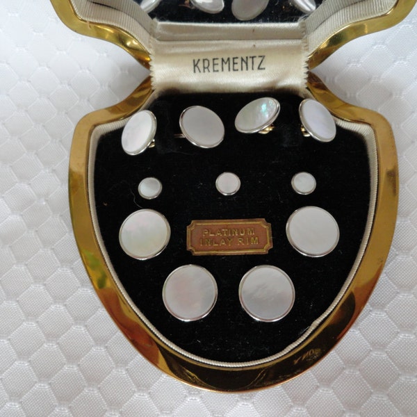 Reserved For Nicholas / Vintage, Krementz, Platinum Inlay Rim, Mother Of Pearl, Tuxedo Set, in the Original Box.