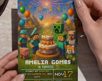 Pixel Block Birthday Invitation Editable Template, Gaming Party Invite for Kids,Digital Download