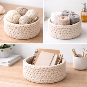 Peut inclure: Trois images présentant un panier crocheté de couleur crème. Le panier rond est rempli de fil, de serviettes roulées et de fournitures de bureau. Le panier a un aspect texturé, adapté à l'organisation et à la décoration de la maison.