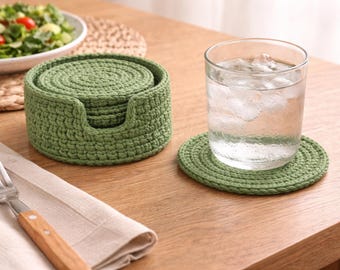 Patrón de posavasos de crochet verde con soporte: posavasos redondos para principiantes + soporte con agujero para el dedo