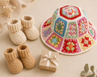 Crochet Pattern Bundle PDF, Granny Square Bucket Hat and Baby Booties Pattern