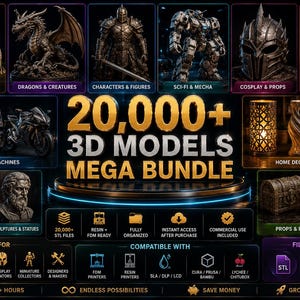 Pode incluir: Um anúncio digital para um mega pacote de mais de 20.000 modelos 3D apresentando várias categorias, incluindo arquitetura, dragões, personagens, ficção científica, cosplay, máscaras de terror, veículos, decoração e modelos chibi com ícones de compatibilidade.
