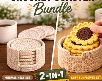 2 in 1 Crochet Coaster Pattern Bundle PDF | Minimal + Sunflower | Beginner Friendly DIY