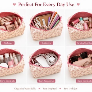 May include: A quilted fabric pouch with a pink floral pattern and a zipper closure, shown in six variations containing makeup, stationery, sewing supplies, travel essentials, tech accessories, and daily essentials, with text labels for each category.