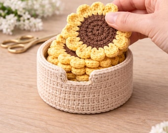 Sunflower Coaster Crochet Pattern PDF | Flower Coaster Set with Holder | Beginner Friendly  | Instant Download