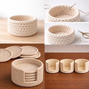 May include: A collection of handmade, beige crochet items. The set includes a round coaster holder with coasters, and three small, open-top containers. The crochet work is tight and even, showcasing a natural, neutral color palette.
