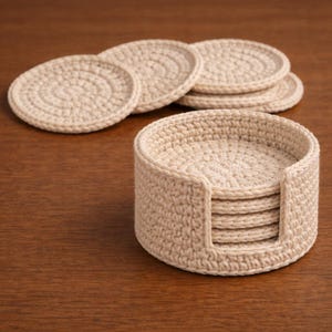 Puede incluir: Un juego de seis posavasos de ganchillo beige, con un soporte a juego. Los posavasos son redondos, con un patrón en espiral. El soporte es cilíndrico, con una ranura para facilitar el acceso. Hecho de hilo suave y texturizado.