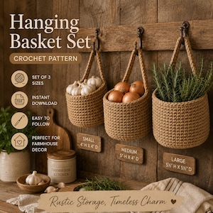 May include: A set of three hanging crochet baskets, filled with garlic, onions, and rosemary. The baskets are suspended from a wooden plank. The small basket is 4" H x 4" D, medium is 5" H x 4" D, and large is 5.5" H x 5.5" D. The text reads "Hanging Basket Set" and "Crochet Pattern".