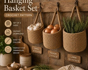 Crochet Hanging Basket Pattern Set, 3 Sizes, Farmhouse Decor (PDF Download)