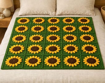 Patrón de ganchillo de girasoles para manta cuadrada estilo abuela / Motivo para principiantes (Descarga en PDF)