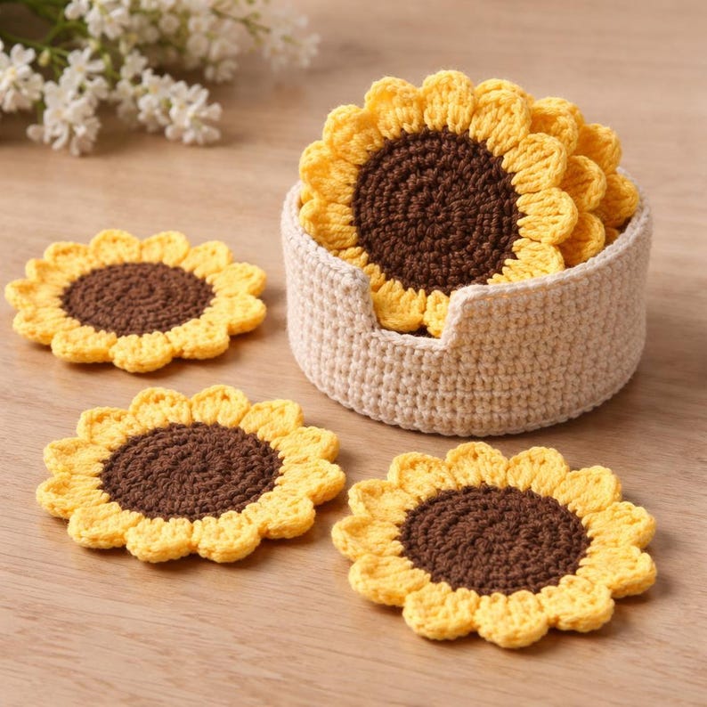 Sunflower Coaster Crochet Pattern | Cozy Set With Dip Holder (PDF) - Etsy