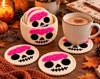 Brainy Skull Crochet Coaster & Holder Set (PDF Pattern)
