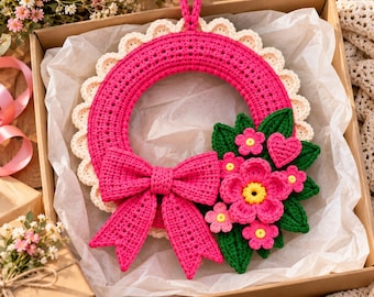 Cottage Style Crochet Door Wreath Pattern | Floral Bow Decor (PDF)