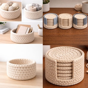May include: A selection of handmade crochet items, including round baskets and coasters. The baskets are beige and contain yarn balls and stationery. The coasters are beige with blue or grey accents. The items are displayed on a wooden surface.