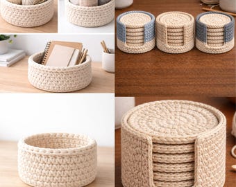 Original title: 2 in 1 Crochet Pattern Bundle | Cozy Basket + Minimal Coaster Holder