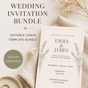 Könnte beinhalten: Eine Hochzeitseinladungsvorlage mit dem Text MINIMALIST WEDDING INVITATION BUNDLE, EDITABLE CANVA TEMPLATE BUNDLE und INSTANT DOWNLOAD. Die Einladungskarte zeigt die Namen EMMA & JAMES mit floralen Linienzeichnungen und Veranstaltungsdetails.