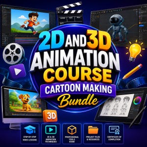 Op de afbeelding: Een digitale afbeelding voor een 2D en 3D animatiecursus Cartoon Making Bundle. Het ontwerp toont computerschermen met animatiesoftware, een filmrol, een filmklapper, een gloeilamp, een potlood en iconen voor lessen en bronbestanden.