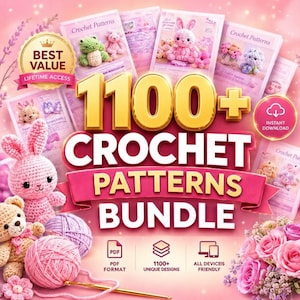 Könnte beinhalten: Ein digitales Paket mit über 1100 Häkelanleitungen, das verschiedene Amigurumi-Designs wie Hasen, Bären und Frösche enthält. Die Sammlung umfasst PDF-Dateien, ist mit allen Geräten kompatibel und wird mit rosa Wollknäueln und Rosen präsentiert.